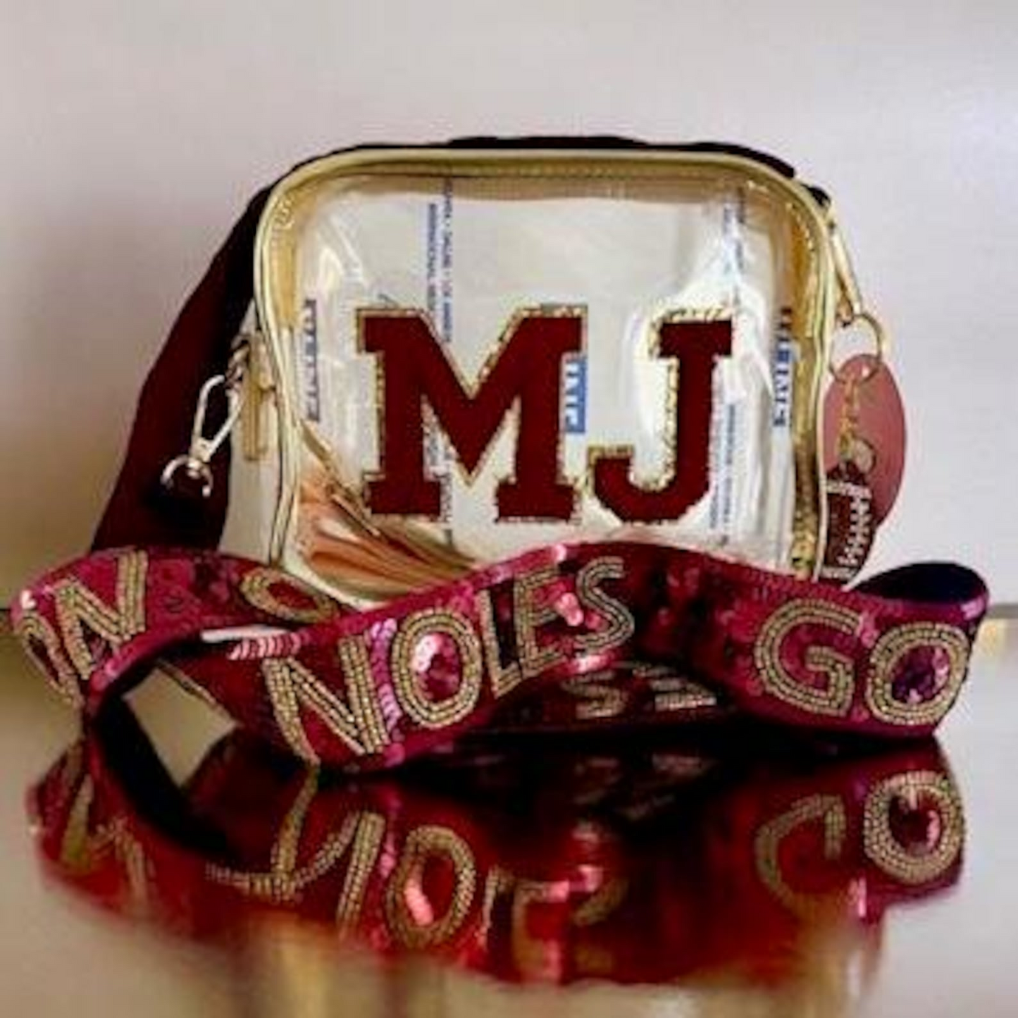 Florida State FSU clear stadium bag with sequined garnet and gold strap, crossbody design, approved for game day and concerts by Sunkissed.