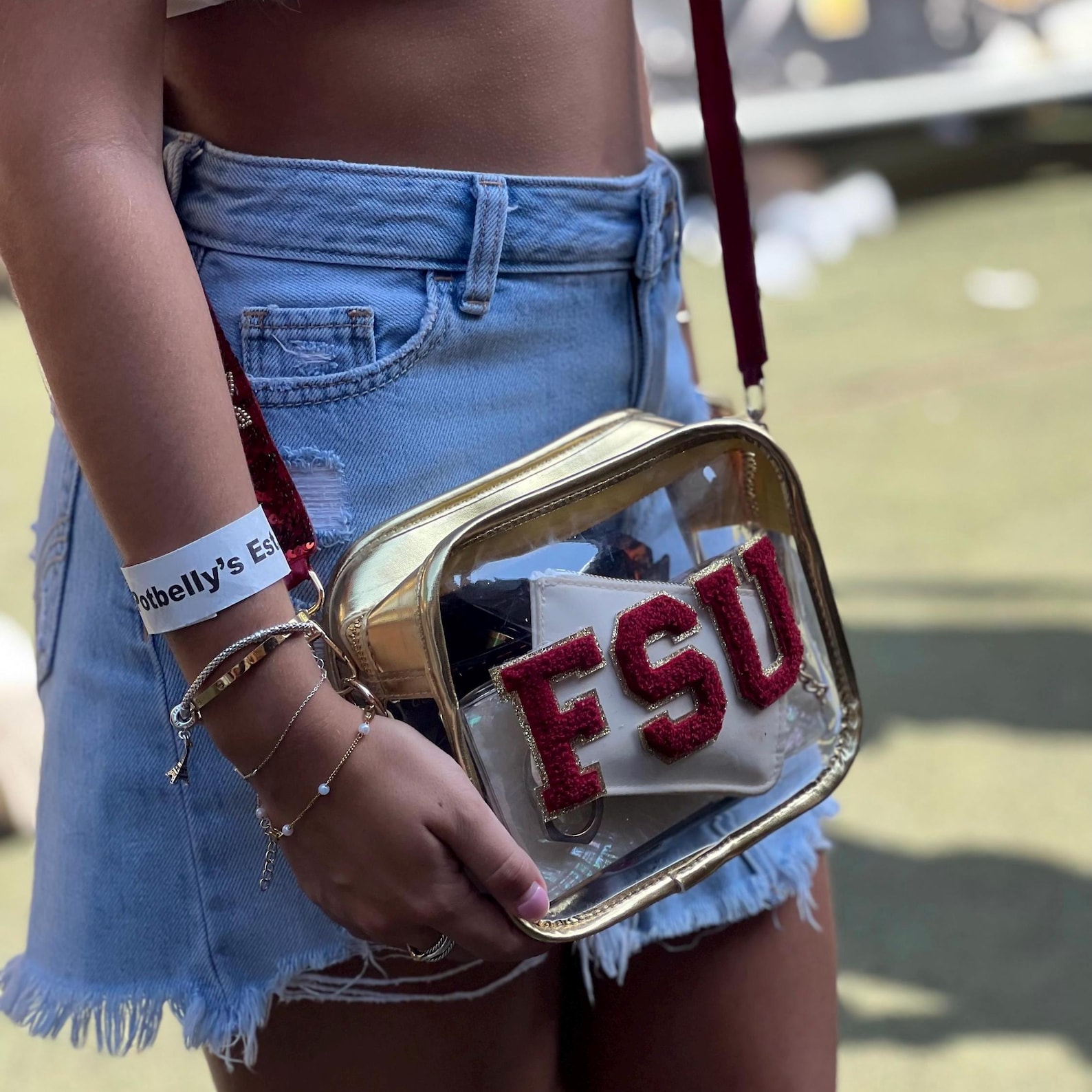 Florida State FSU clear stadium bag with garnet and gold sequined strap, crossbody design, team spirit purse for game day.