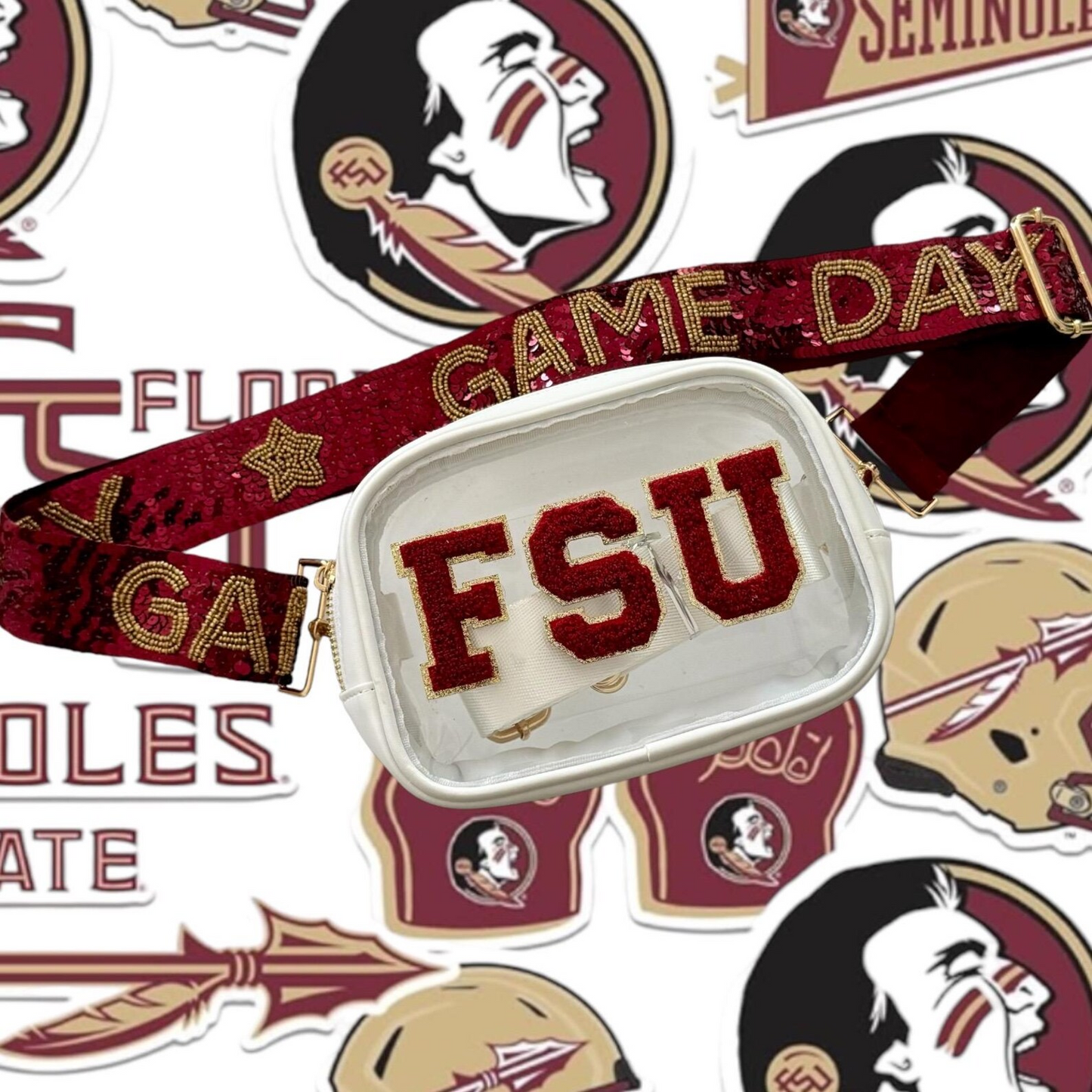 Florida State FSU clear stadium bag with sequined garnet and gold strap, crossbody design, approved for game day and concerts.