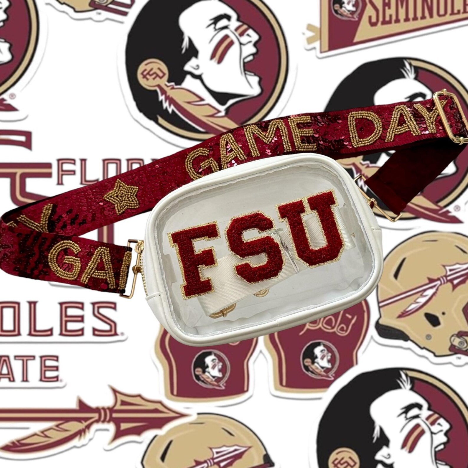 Florida State FSU clear stadium bag with sequined garnet and gold strap, crossbody design, approved for game day and concerts.