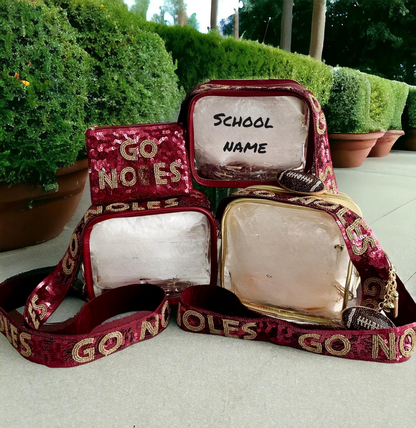 Florida State garnet and gold clear stadium bag with sequin strap by Sunkissed by Chrissy, perfect for game day and concerts.