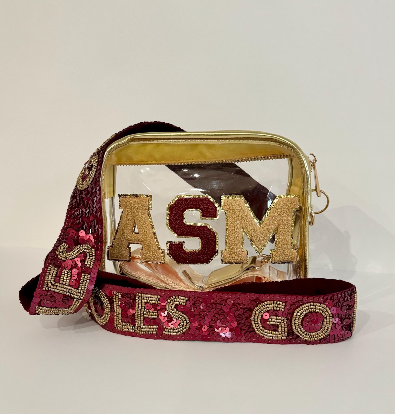 Sunkissed by Chrissy Florida State clear stadium bag with garnet and gold sequins, crossbody strap, team spirit, approved for game day
