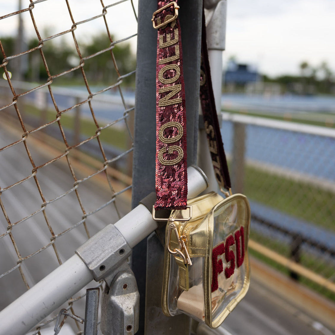 Florida State Game Day clear stadium bag with garnet and gold sequins, crossbody strap, approved for team spirit and concert events.