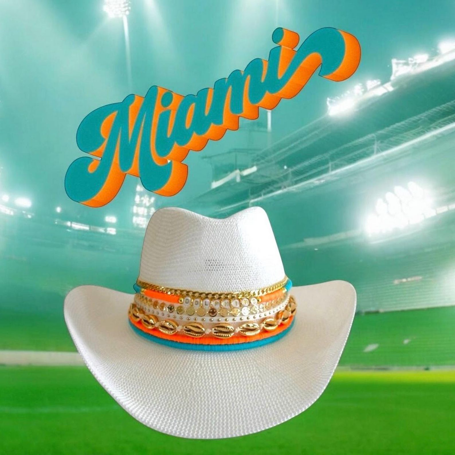 Miami Dolphins themed cowboy hat by Sunkissed by Chrissy featuring Dolphins logo and custom Miami design, ideal for sports fans.