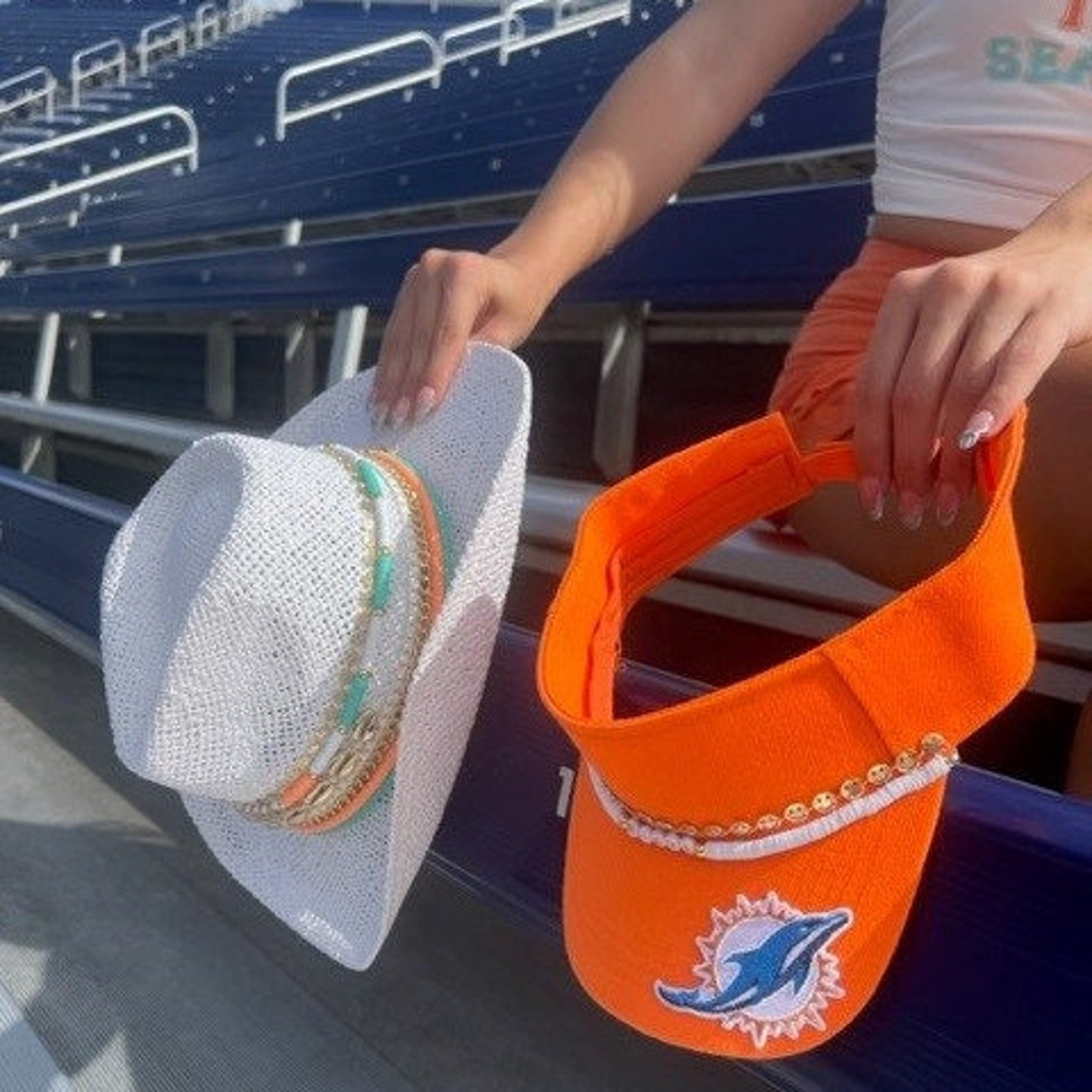 Miami Dolphins themed cowboy hat by Sunkissed by Chrissy featuring Dolphins logo, perfect for fans and sports lovers.