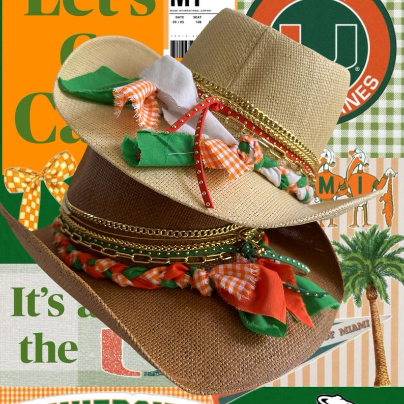 University of Miami UM Hurricanes cowboy hat in orange and green, Western style, perfect for game day and alumni celebrations.