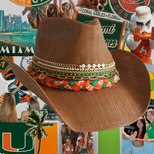 Sunkissed by Chrissy UM Hurricanes cowboy hat in orange and green, featuring university logo, perfect for Miami game day or alumni use
