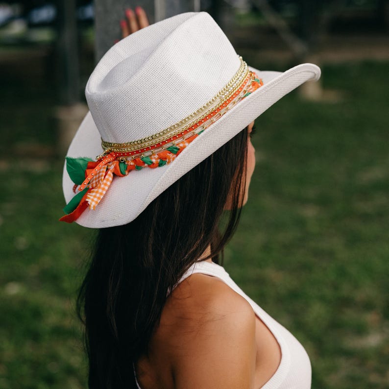 University of Miami UM Hurricanes cowboy hat in orange and green, western style, perfect for game day and alumni fan celebrations.