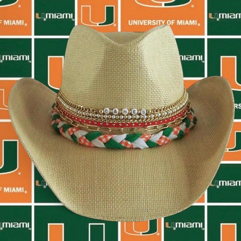 Sunkissed by Chrissy UM Hurricanes cowboy hat in orange and green with university logo, perfect for game day and alumni fans