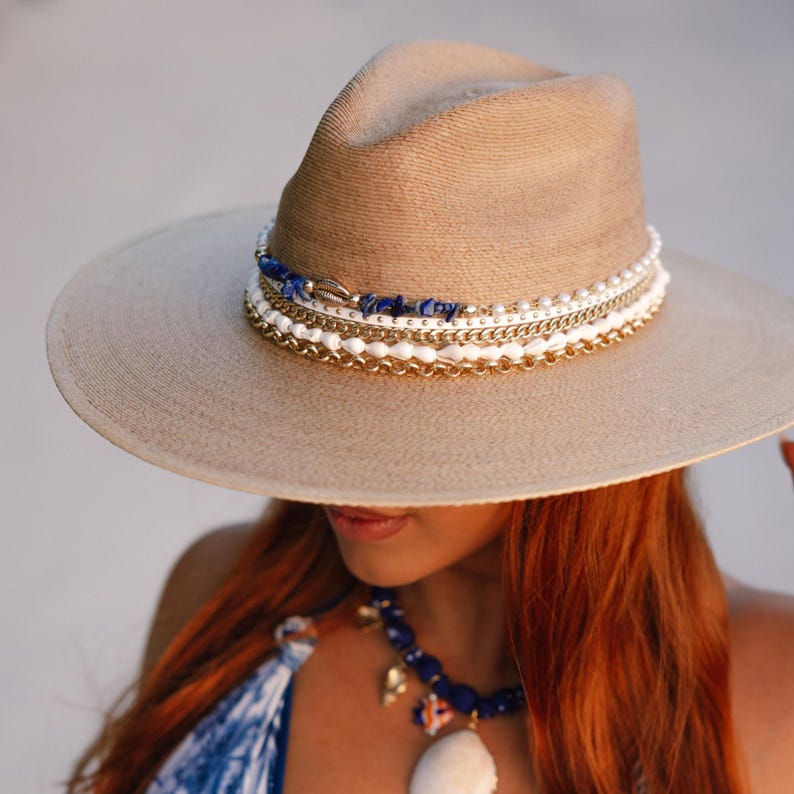 Wide brim Palm Panama hat by Sunkissed by Chrissy with shell accents, perfect for beach resort and vacation wear.