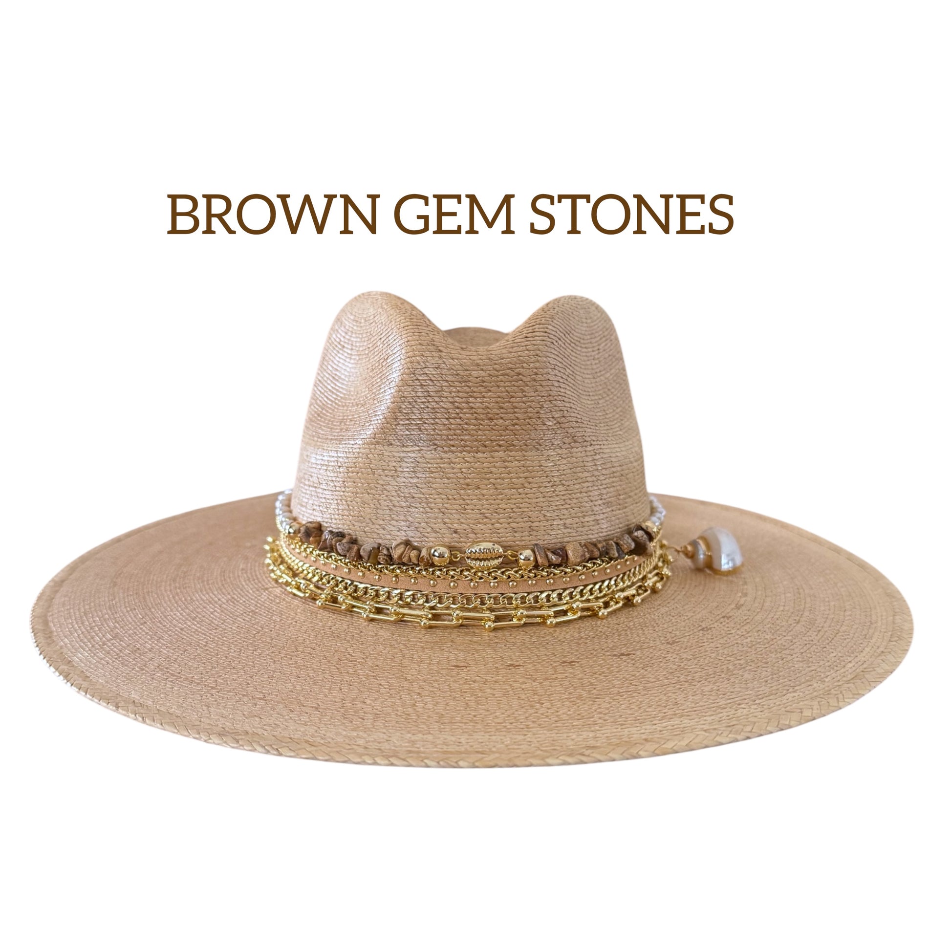 Sunkissed by Chrissy wide brim palm Panama hat with shells, perfect for beach resort vacation wear, shown on a model.