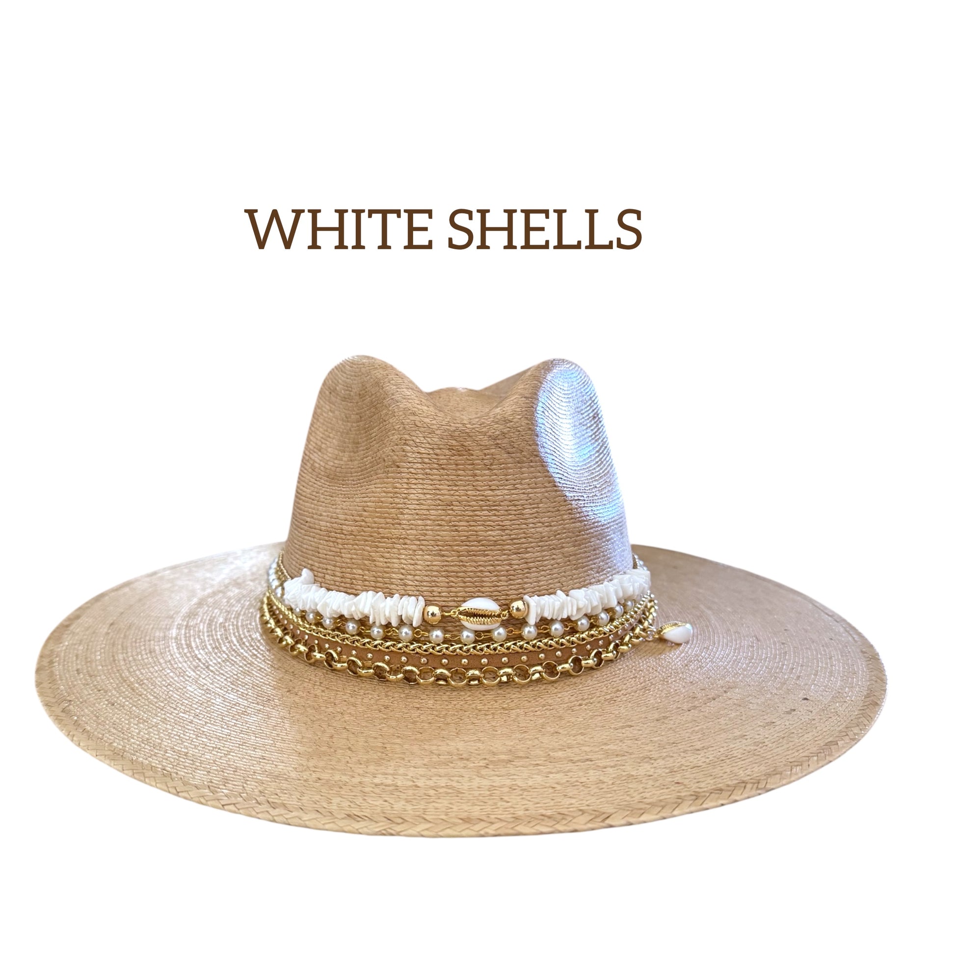 Wide brim Palm Panama hat by Sunkissed by Chrissy with shell accents, perfect for beach resort and vacation wear.